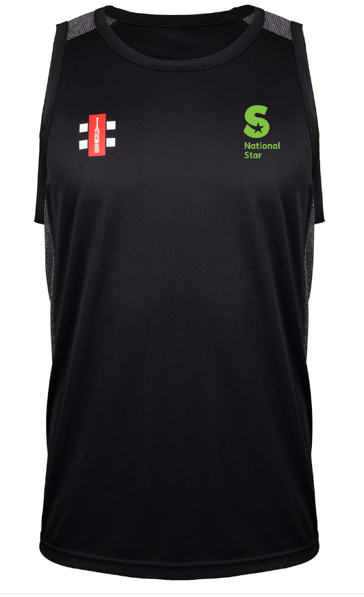 The Martin Berrill Sports National Star College CC Pro Performance Vest is a durable black training jersey with a red and white logo on the right chest and a green S National Star logo on the left, shown on a plain white background.