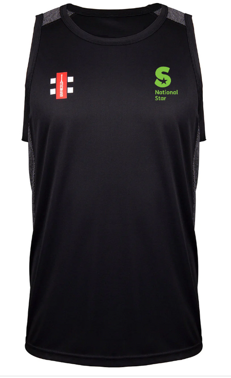 The Martin Berrill Sports National Star College CC Pro Performance Vest is a durable black training jersey with a red and white logo on the right chest and a green S National Star logo on the left, shown on a plain white background.