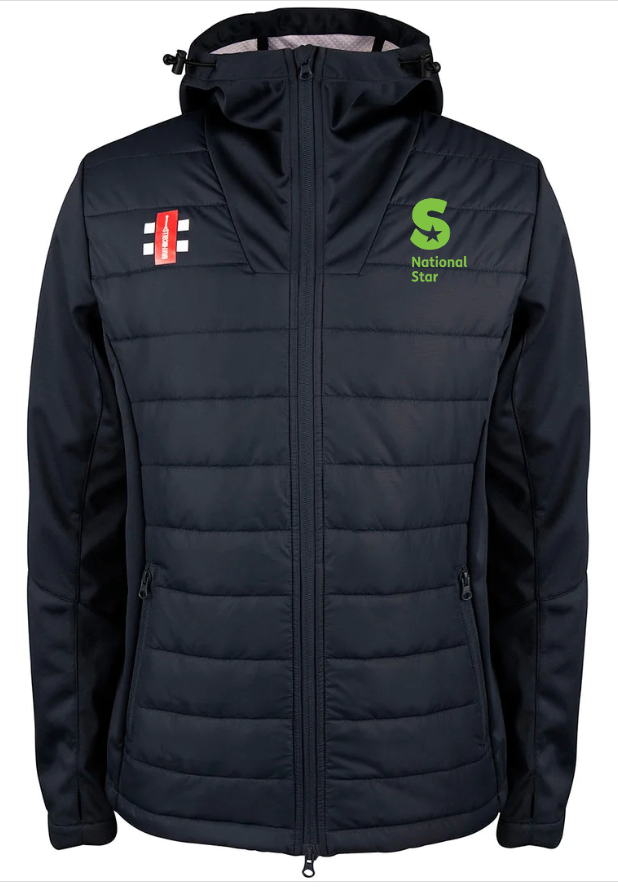 The Gray Nicolls National Star College CC Pro Performance Full Zip Jacket is a black padded, water-repellent hooded jacket with two side pockets, a front zipper, a green S and National Star logo on the left chest, and a red-white patch on the right.