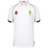 The Martin Berrill Sports National Star College CC Matrix V2 Short Sleeve Cricket Shirt features a white design with green trim, moisture-wicking fabric, the National Star logo in green, and a red and black chest emblem.
