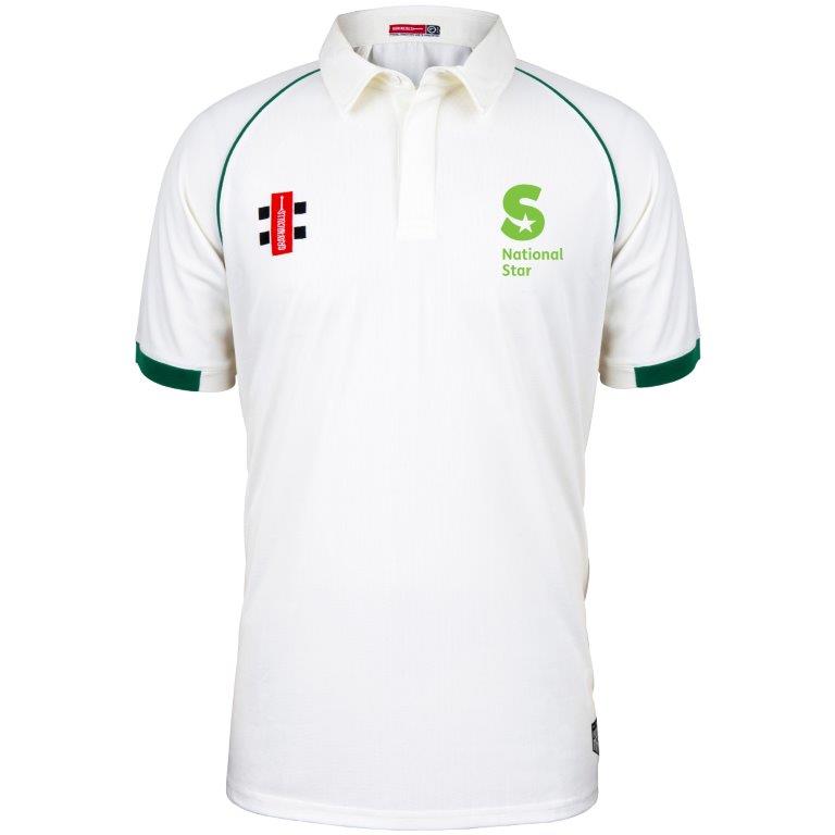 The Martin Berrill Sports National Star College CC Matrix V2 Short Sleeve Cricket Shirt features a white design with green trim, moisture-wicking fabric, the National Star logo in green, and a red and black chest emblem.