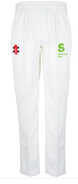 Gray Nicolls National Star College CC Matrix V2 Cricket Trousers feature an elastic waistband, tapered fit, red and black left thigh logo, and green National Star right thigh logo, shown on a plain background.