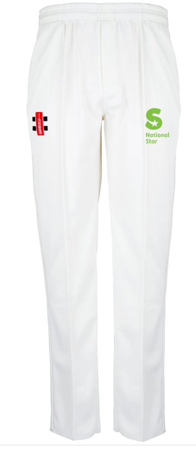 Gray Nicolls National Star College CC Matrix V2 Cricket Trousers feature an elastic waistband, tapered fit, red and black left thigh logo, and green National Star right thigh logo, shown on a plain background.
