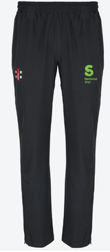 The Gray Nicolls National Star College CC Velocity Track Trouser features an elastic waistband, a small red and white logo on the right thigh, and a green “National Star” abstract S logo on the left—ideal for cricket training.