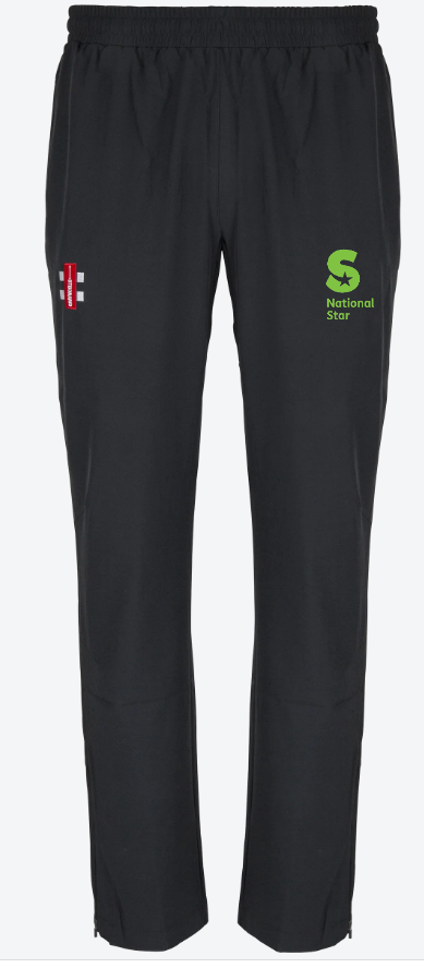 The Gray Nicolls National Star College CC Velocity Track Trouser features an elastic waistband, a small red and white logo on the right thigh, and a green “National Star” abstract S logo on the left—ideal for cricket training.