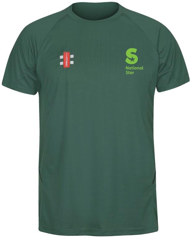 The Martin Berrill Sports National Star College Green Matrix V2 T-Shirt is a green, moisture-wicking sports shirt featuring a light green “National Star” logo on the upper left chest and a red and white emblem on the upper right.
