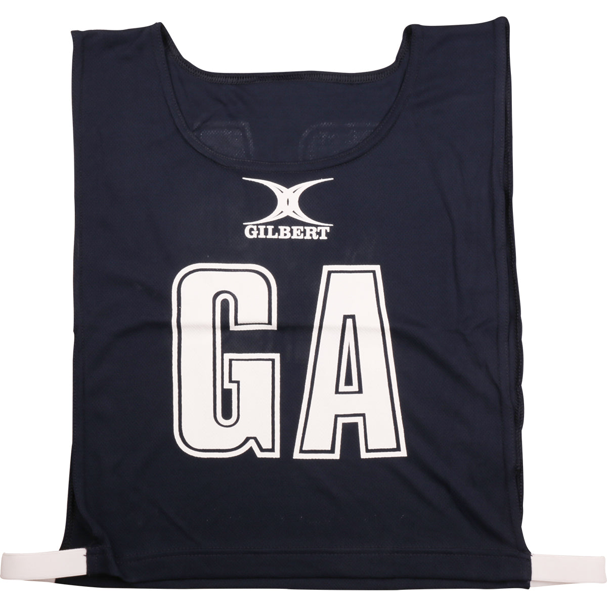 The Gilbert Netball Bibs in navy feature large white GA letters on the front, the Gilbert logo above, and white side straps. Made from breathable polyester for comfort during play.