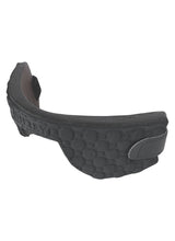 The Shrey Pro Neck Guard by Shrey features a black, textured, curved design with a honeycomb pattern and Velcro strap for enhanced impact absorption—ideal for use with cricket helmets or other safety gear.