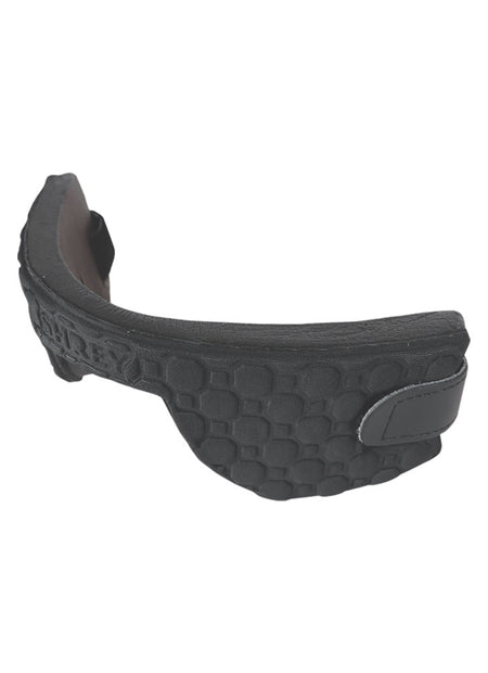 The Shrey Pro Neck Guard by Shrey features a black, textured, curved design with a honeycomb pattern and Velcro strap for enhanced impact absorption—ideal for use with cricket helmets or other safety gear.