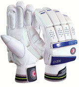 Hunts County Neo Batting Gloves feature padded white fingers and backs, black and green striped cuffs, a blue knuckle accent, durable leather palms, plus the Hunts County logo and "NEO" on the wrist straps.