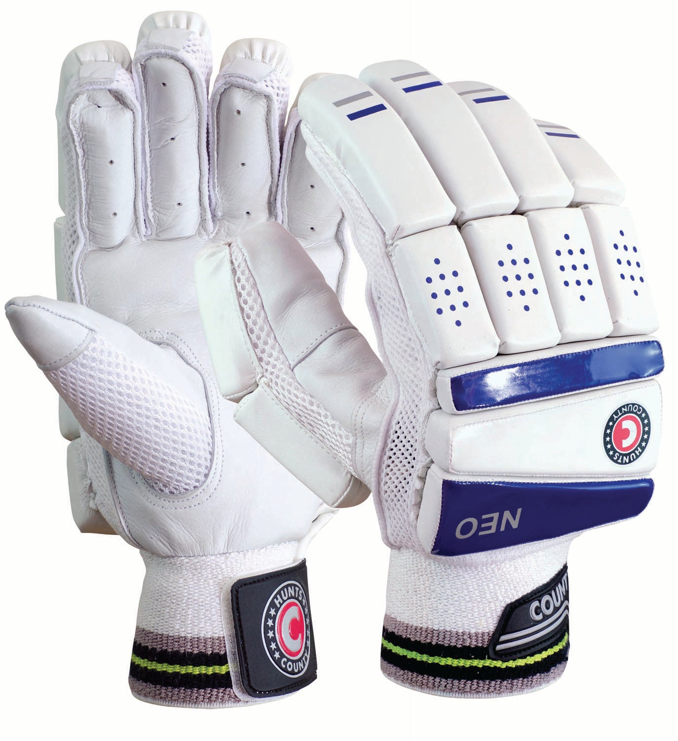 Hunts County Neo Batting Gloves feature padded white fingers and backs, black and green striped cuffs, a blue knuckle accent, durable leather palms, plus the Hunts County logo and "NEO" on the wrist straps.
