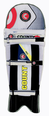 The Hunts County Neo Junior Batting Pads feature padded, ambidextrous protection with black, white, yellow, and red accents, multiple securing straps, and COUNTY & HUNTS COUNTY logos—ideal for junior cricketers.