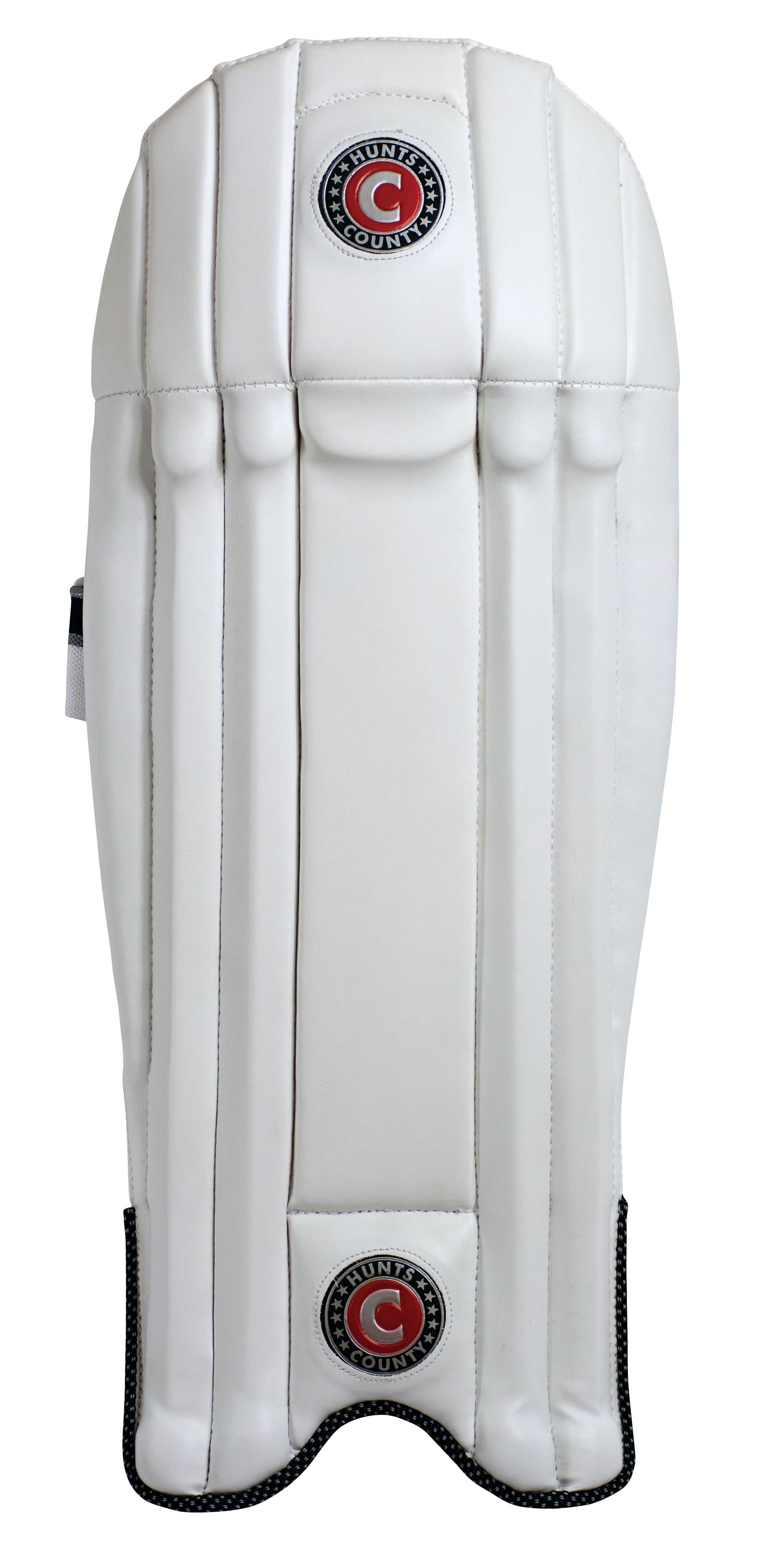 The Hunts County Neo Wicket Keeping Pad by Hunts County features vertical padding stripes and circular logos near the top and bottom, offering superior cane protection, displayed on a plain white background.