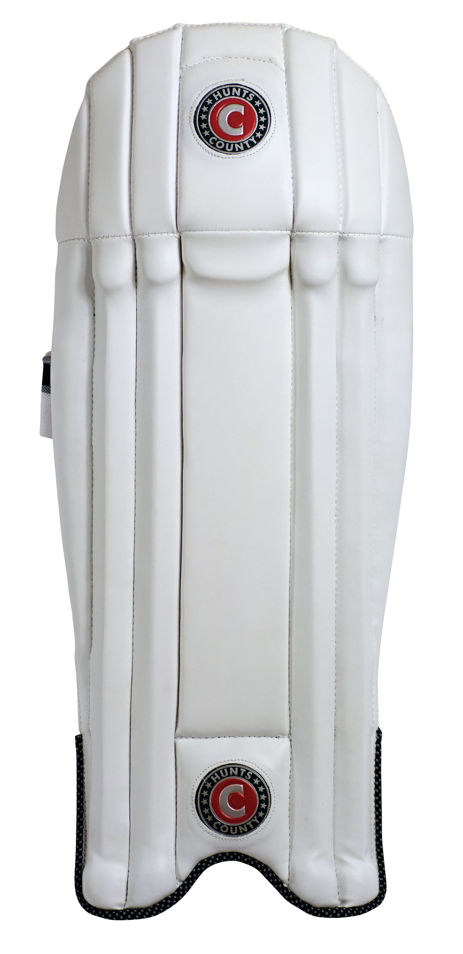 The Hunts County Neo Wicket Keeping Pad by Hunts County features vertical padding stripes and circular logos near the top and bottom, offering superior cane protection, displayed on a plain white background.