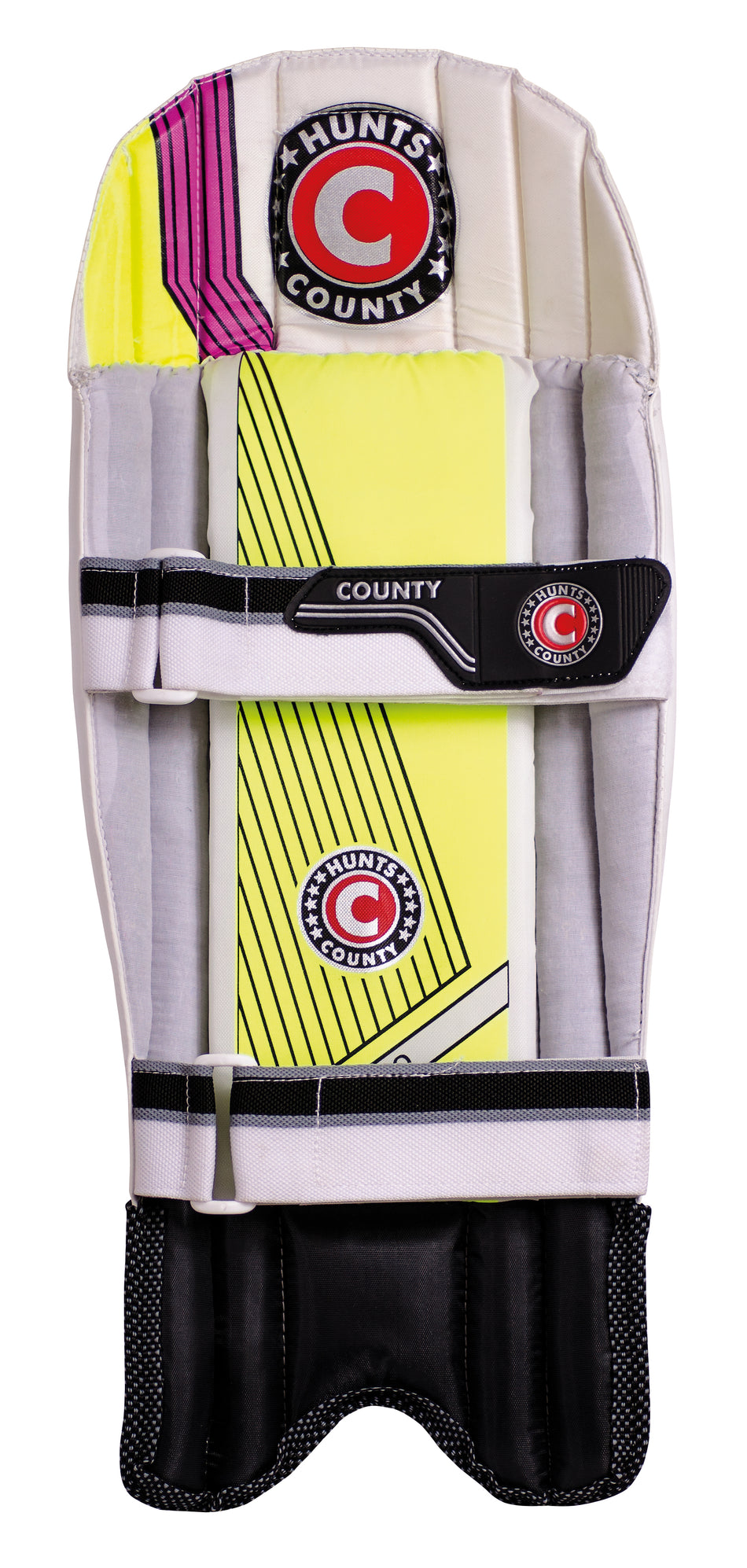 The Hunts County Neo Wicket Keeping Pad features white, yellow, black, and pink accents, protective cane padding, the Hunts County logo, and two black straps—an essential for cricket wicket keepers.