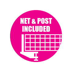 A pink circle with a white volleyball net and post graphic plus bold white text above it that reads NET & POST INCLUDED—perfect for highlighting features like the 19mm top of the Butterfly Active 19 Deluxe Rollaway Table Tennis Table by Butterfly.