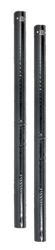 Two black metal fence posts stand upright with holes near the top for mounting, suitable for use with Gilbert Netball Post Protectors by Gilbert.