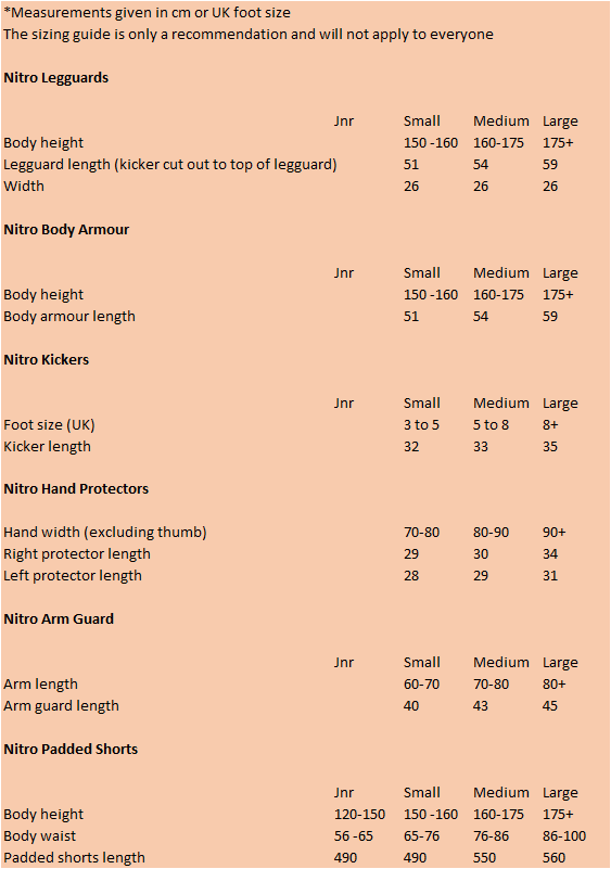 A Grays Nitro Padded Goalie Shorts size chart lists body height and shorts sizes (junior to large), with measurements in cm and UK sizing, plus details on padding, from the brand Grays.