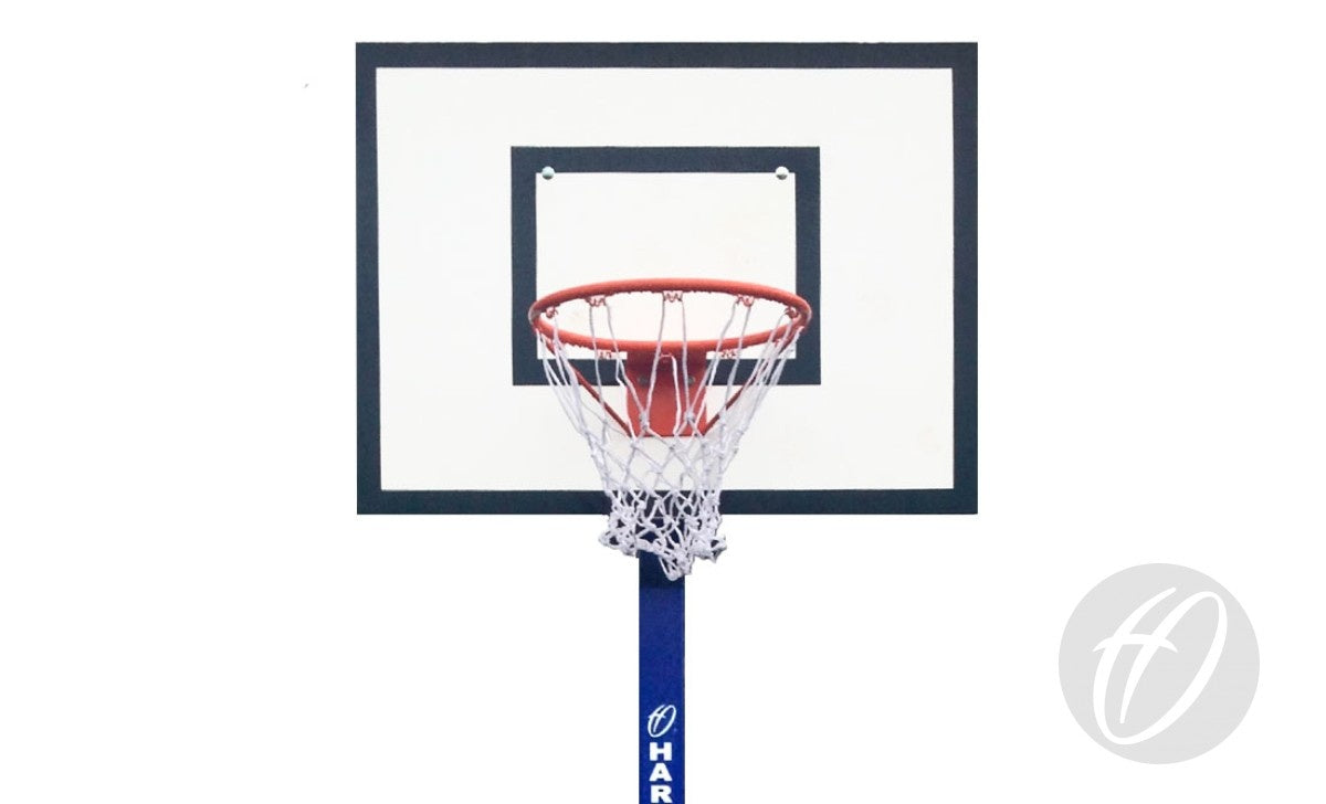 The Harrod Sport No.1 Basketball Nets (Pair) are shown on a hoop with a red rim, white braided net with extended loops, rectangular white backboard outlined in black, mounted on a blue pole with a gray circular logo at the lower right against a plain background.
