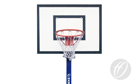 The Harrod Sport No.1 Basketball Nets (Pair) are shown on a hoop with a red rim, white braided net with extended loops, rectangular white backboard outlined in black, mounted on a blue pole with a gray circular logo at the lower right against a plain background.