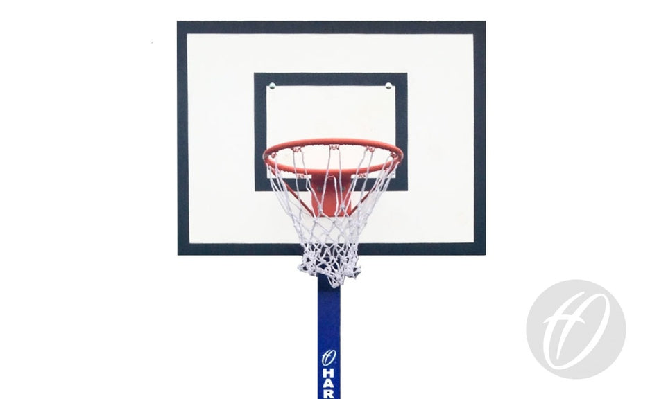 The Harrod Sport No.1 Basketball Nets (Pair) are shown on a hoop with a red rim, white braided net with extended loops, rectangular white backboard outlined in black, mounted on a blue pole with a gray circular logo at the lower right against a plain background.
