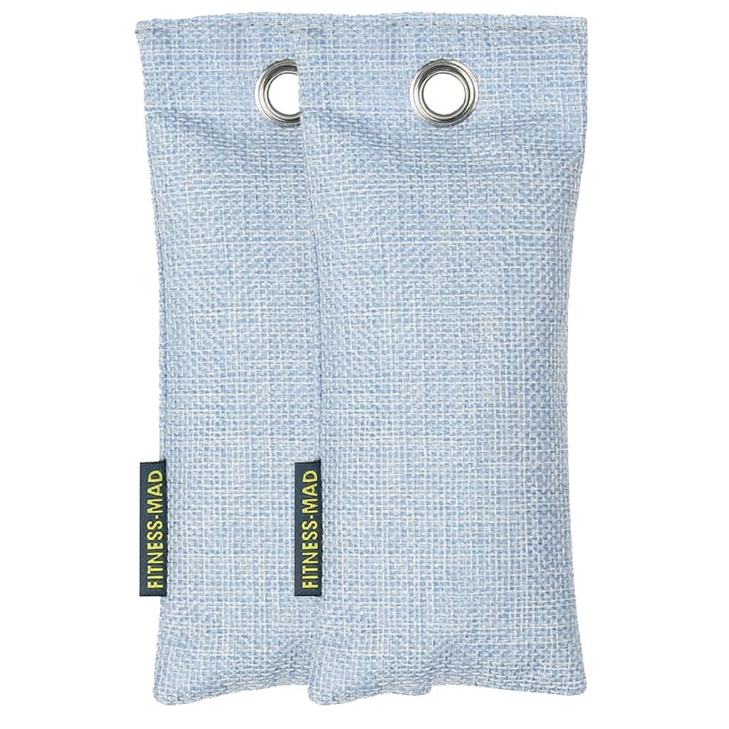 Two light blue rectangular pouches with textured fabric and metal grommets, branded "Fitness Mad," serve as effective sports odour absorbers or boxing glove deodorisers.