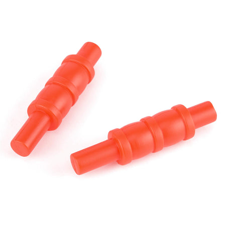 The Martin Berrill Sports Plastic Cricket Bails – Set of Two features small, identical orange plastic bails with ribbed middles and cylindrical ends, shown on a white background.