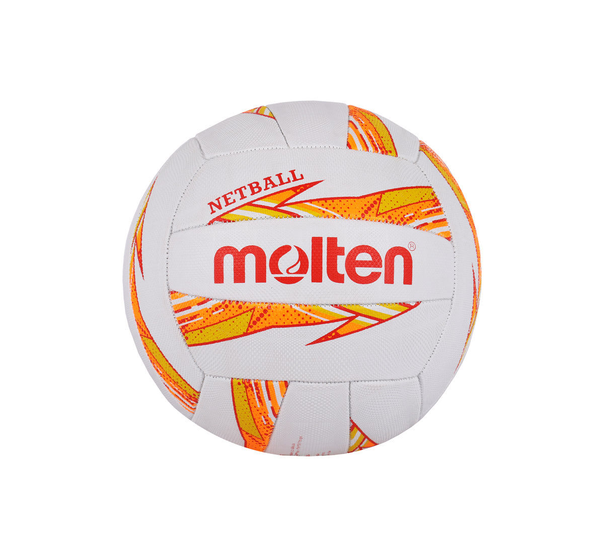 The Molten Dynamite Training Netball is a white rubber ball with orange and yellow patterns, featuring the Molten brand in red and "NETBALL" above it. Designed in official size, it's ideal for skill development and training sessions.