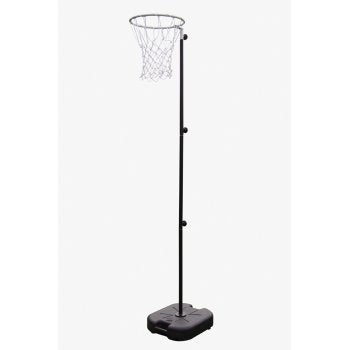 The Sure Shot 511 Outdoor Netball Unit by Sure Shot features a freestanding black pole, an adjustable round hoop with a white net, and a sturdy rectangular black base. The product is displayed against a plain white background.