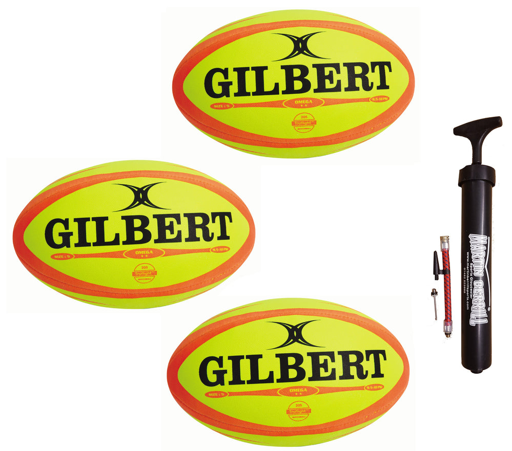 Gilbert Omega Rugby Ball Triple Pack with Hand Pump