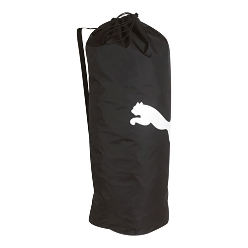 The Puma Team Ballsack - 16 Ball is a black sports bag with a white leaping cat logo, single shoulder strap, and holds 16 footballs.