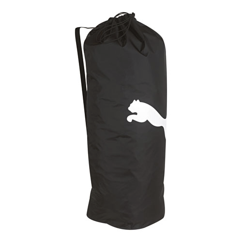 The Puma Team Ballsack - 16 Ball is a black sports bag with a white leaping cat logo, single shoulder strap, and holds 16 footballs.