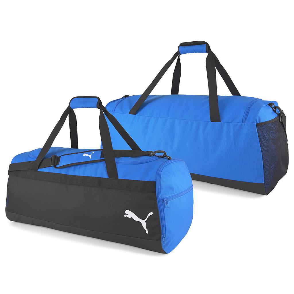 Two large Puma Team Goal 23 Teambags in blue and black with black handles and straps, displayed from multiple angles on a white background—ideal for transporting your sports gear.