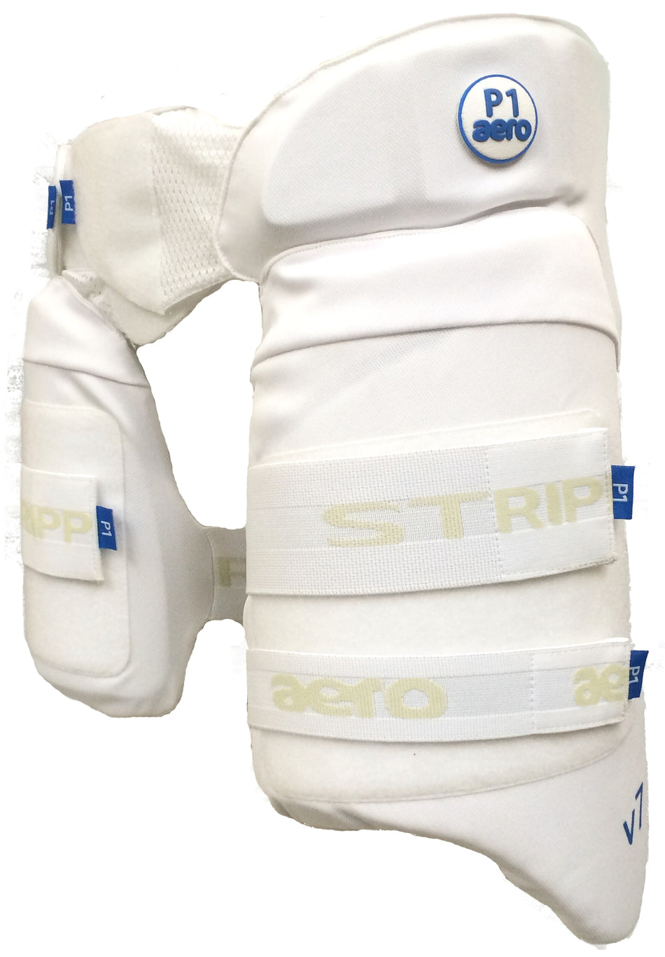 The Aero P1 Strippers V7 Lower Body Protector by Aero features a white design, padded hip and buttock protection, adjustable straps, and blue “P1 aero” branding to shield the upper leg and hip during cricket play.