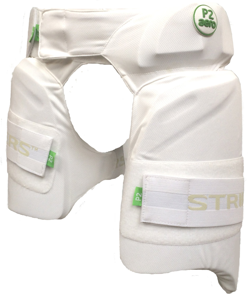 The Aero P2 Strippers V7 Lower Body Protector by Aero offers white thigh and hip protection with green tags, "P2 aero" branding, adjustable straps, and padding for secure front and side coverage during play.