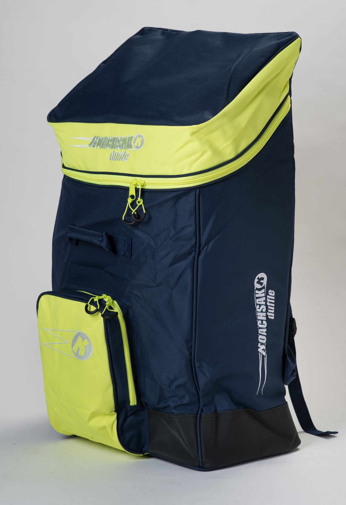 The KoachSak Duffle by Katchet is a large navy blue and neon yellow sports backpack with multiple compartments, zippers, rucksack handles, and the white RHINO STIK logo. This water-resistant bag stands upright against a plain background.