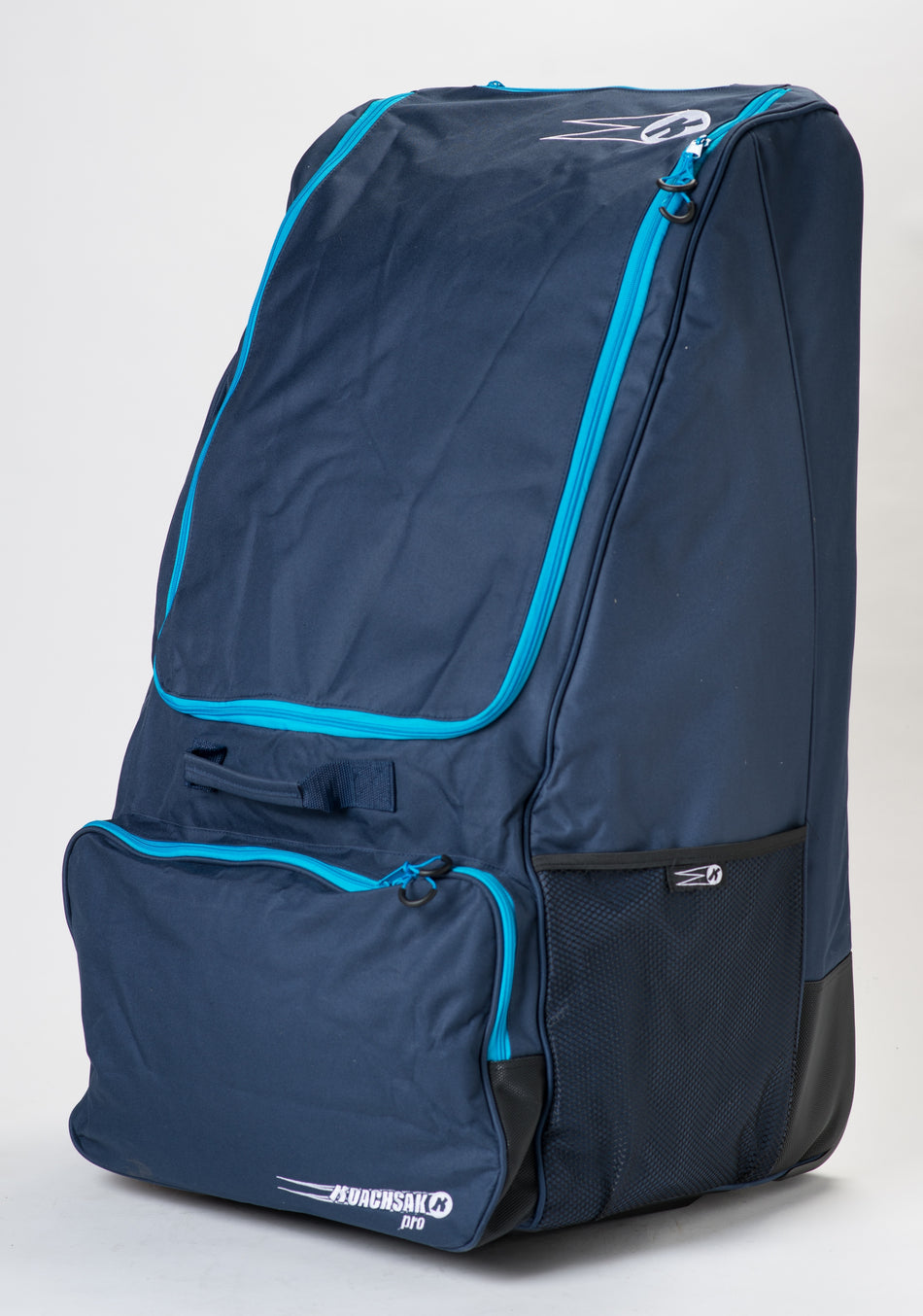 The Katchet KoachSak Pro is a large, upright navy blue sports bag with turquoise zippers and trim, multiple compartments, and mesh side pockets, shown against a plain white background.