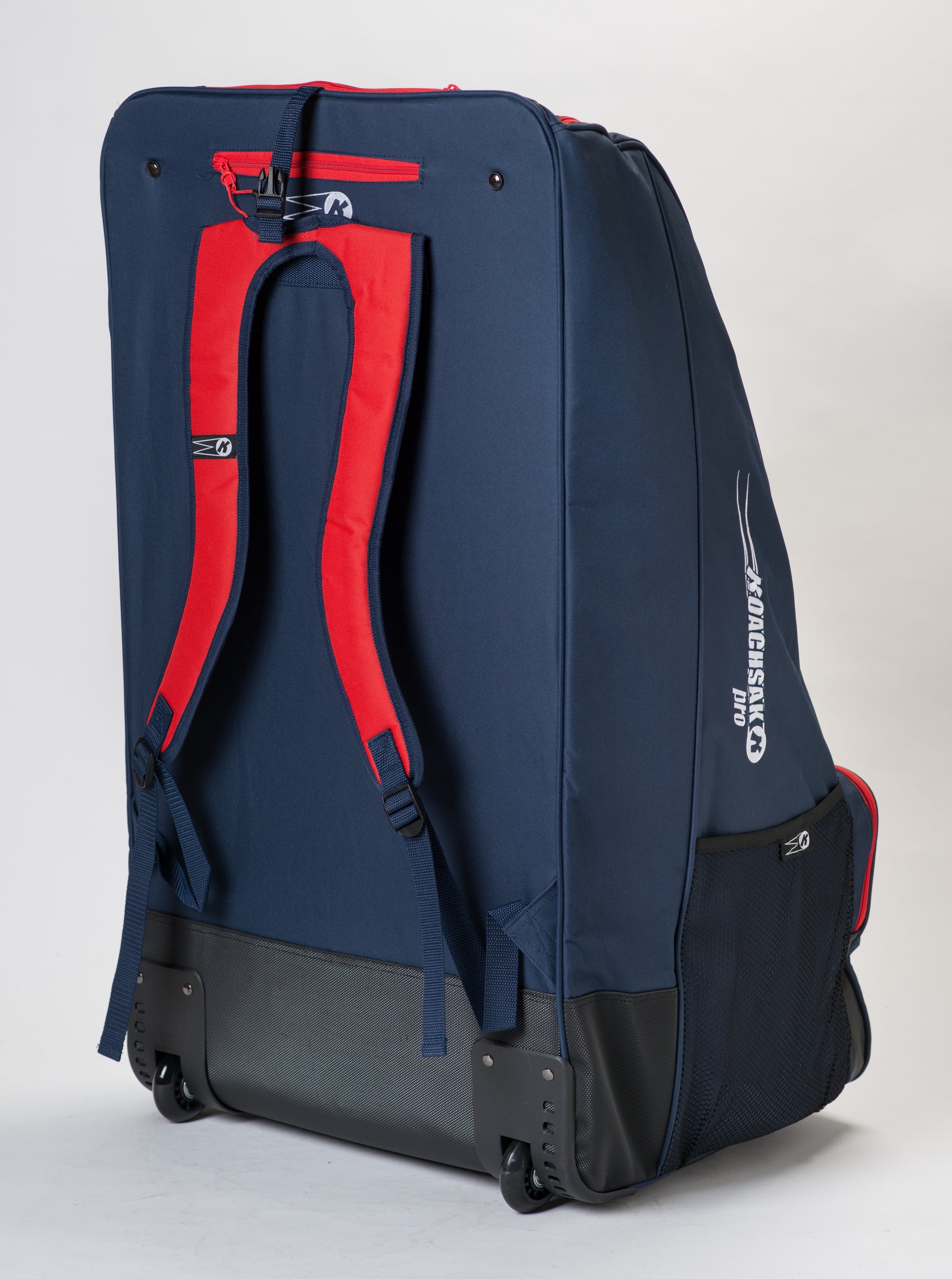 A large navy blue and red Katchet KoachSak Pro rolling sports bag with shoulder straps, side pocket, and wheels stands upright on a white background. The word HORSESHOE LTD is printed on the side in white.