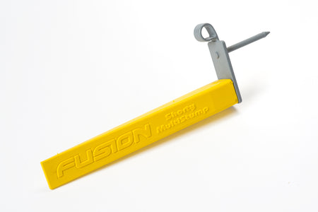 A yellow Fusion Multi-Stump Shorty, a plastic cricket training tool featuring a gray attachment and metal nail, is shown against a white background.