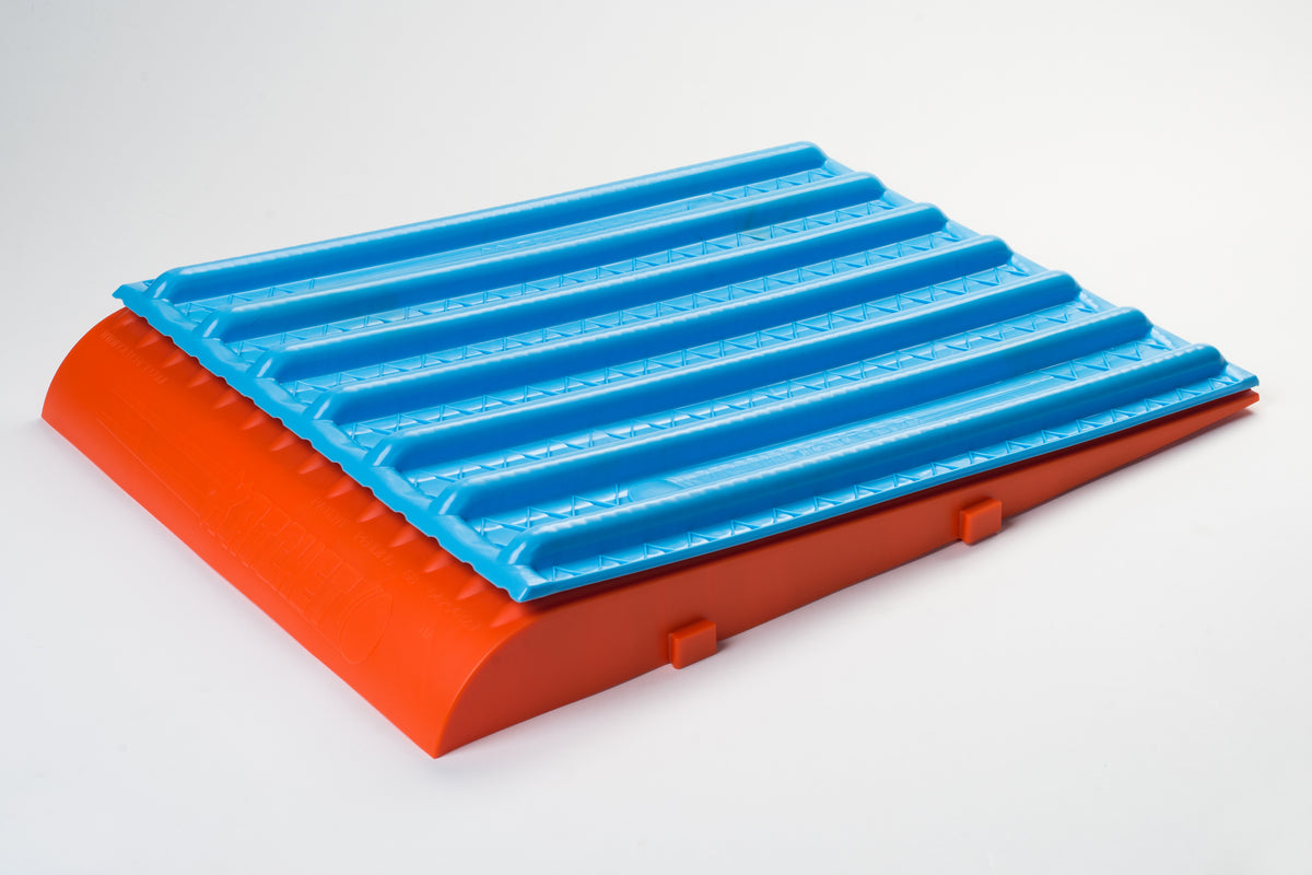 The Katchet KatchMax is a blue and orange plastic cricket training aid designed to improve fielding practice sessions.