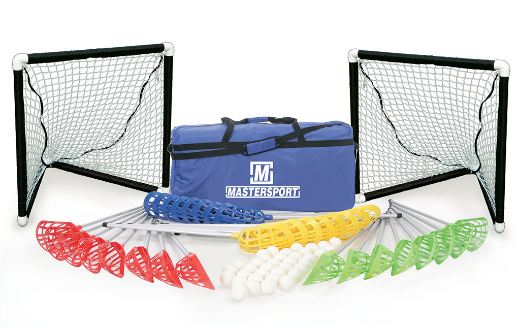 The Pop Lacrosse Skills Development Kit by Mastersport includes two small goals, a blue Mastersport carrying bag, four sets of colored pop lacrosse sticks (red, blue, yellow, green), and several white balls arranged in front.