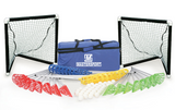 The Pop Lacrosse Skills Development Kit by Mastersport includes two small goals, a blue Mastersport carrying bag, four sets of colored pop lacrosse sticks (red, blue, yellow, green), and several white balls arranged in front.