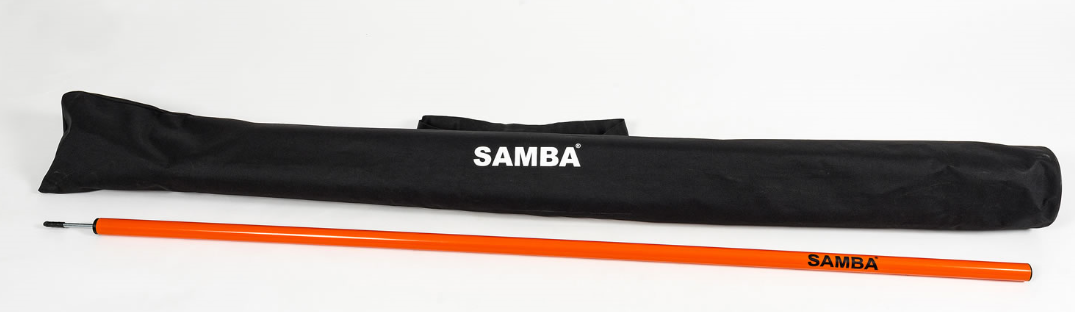 A black Samba Sports carry bag sits beside an orange Samba Boundary Poles 1.7m - Set of 12, both designed for marking boundaries during speed and agility training, set against a white background.