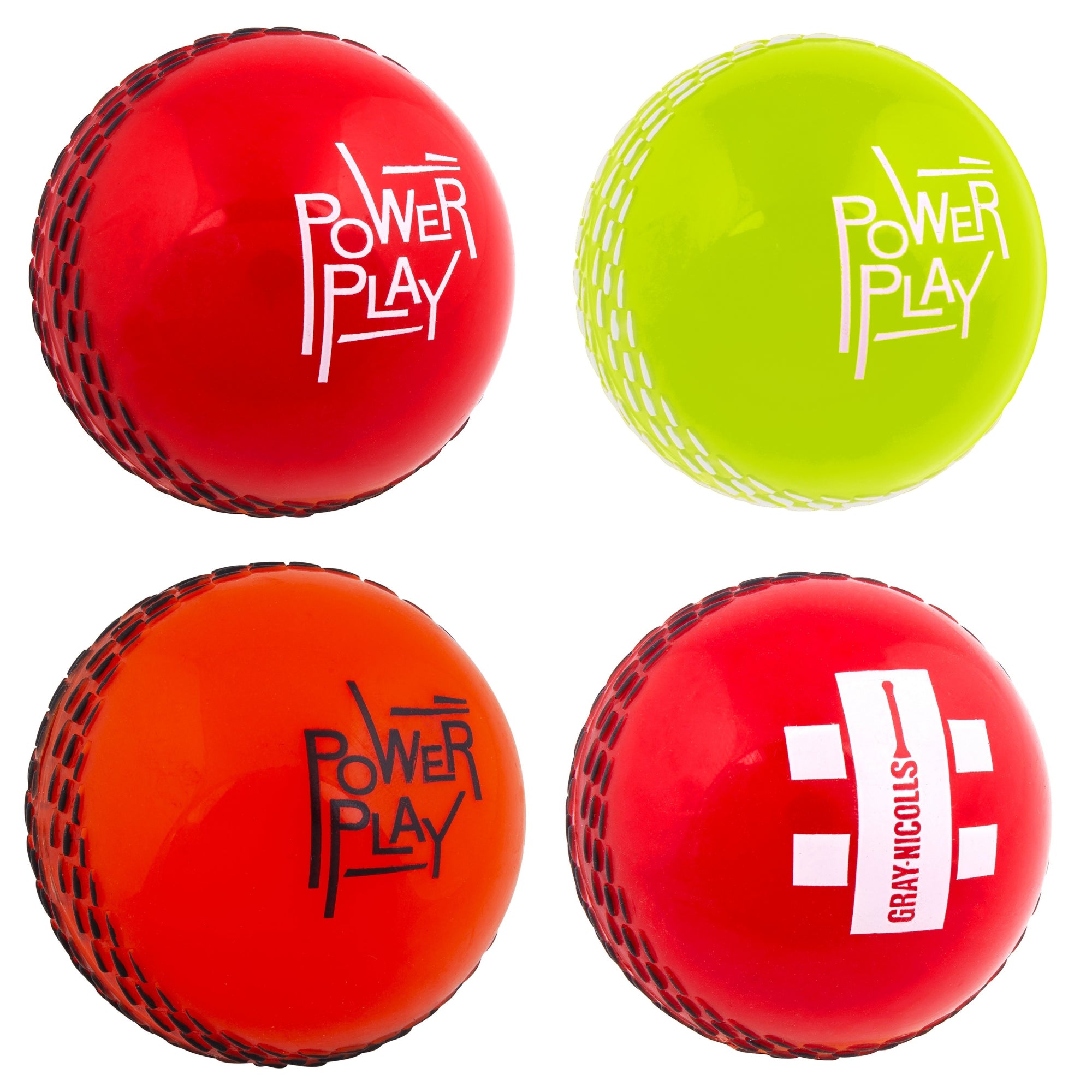 Four vibrant Gray Nicolls PowerPlay Balls—red, yellow, orange, and a red one with a white Gray Nicolls logo—feature stitched seams and “PowerPlay” (except the last), making them ideal for soft-ball cricket.