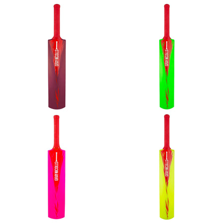 Four Gray Nicolls PowerPlay Plastic Bats in red, green, pink, and yellow are arranged in a 2x2 grid on a white background. Each bat features a red handle and displays the Gray Nicolls logo on the front.