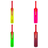 Four vibrant Gray Nicolls PowerPlay Plastic Bats in yellow, pink, green, and maroon, each with a red handle and "CRICKET BAT" printed vertically, are arranged on a white background—ideal starter cricket bats for young players.