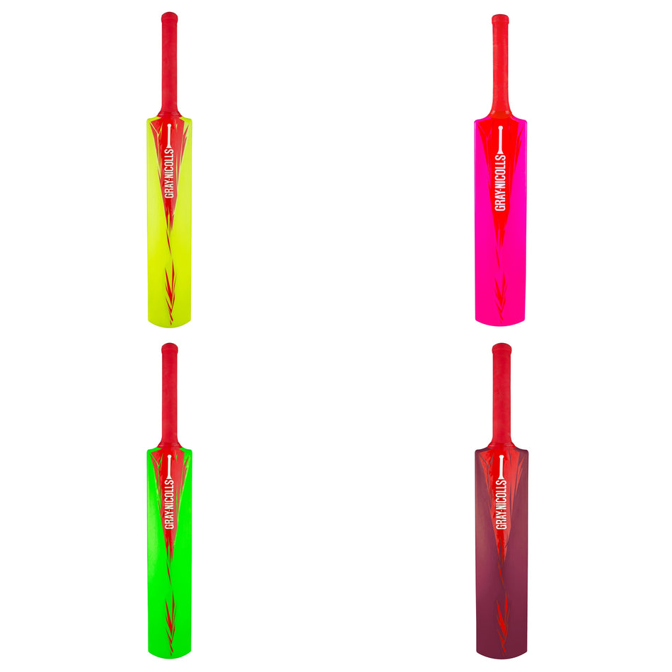 Four vibrant Gray Nicolls PowerPlay Plastic Bats in yellow, pink, green, and maroon, each with a red handle and "CRICKET BAT" printed vertically, are arranged on a white background—ideal starter cricket bats for young players.