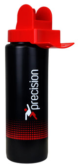 The Precision Hygienic Water Bottle by Precision Training is a 1-litre black squeeze bottle with a red flip-top lid, featuring "precision," a stylized figure, and a red dotted pattern printed vertically in white for hygienic reassurance.