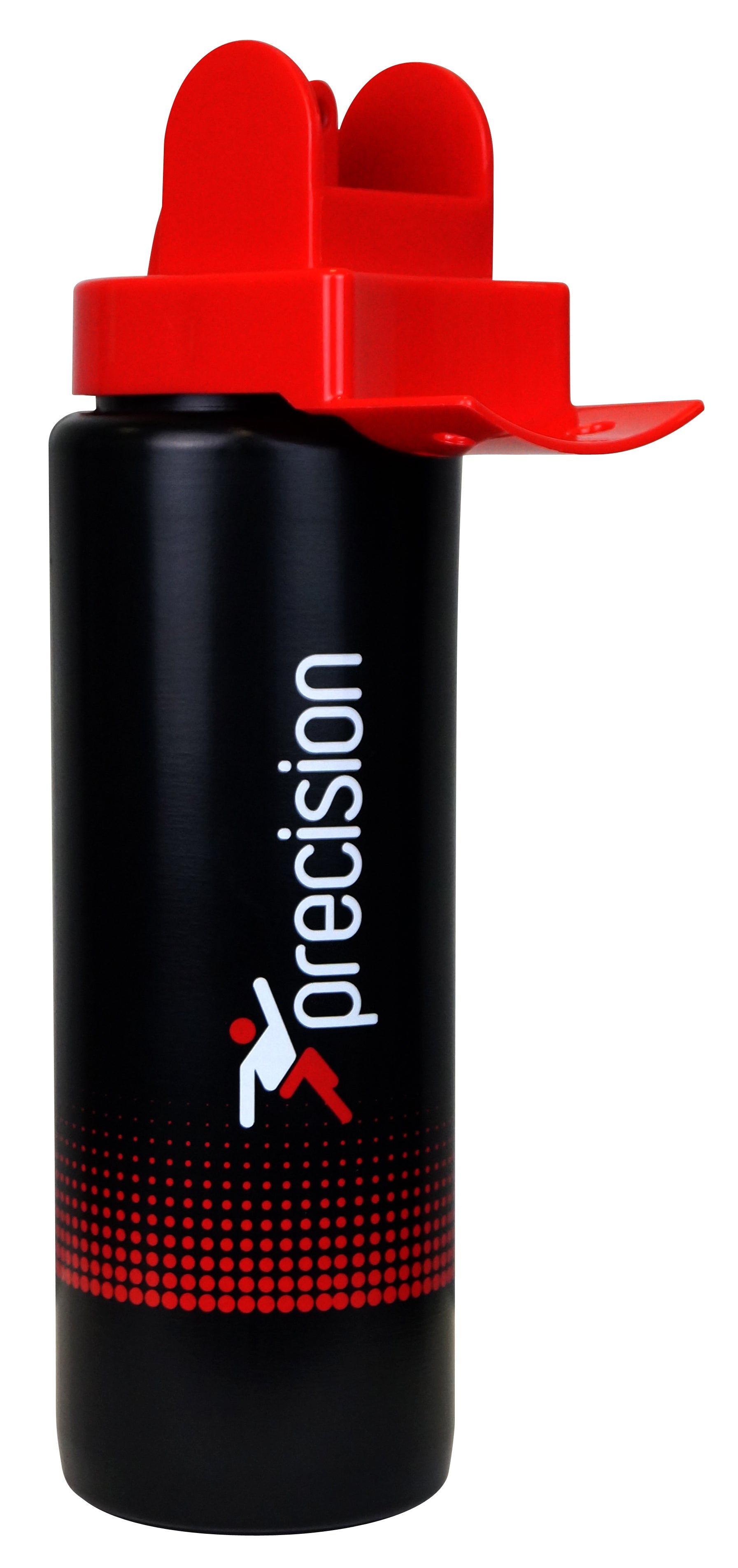 The Precision Hygienic Water Bottle by Precision Training is a 1-litre black squeeze bottle with a red flip-top lid, featuring "precision," a stylized figure, and a red dotted pattern printed vertically in white for hygienic reassurance.