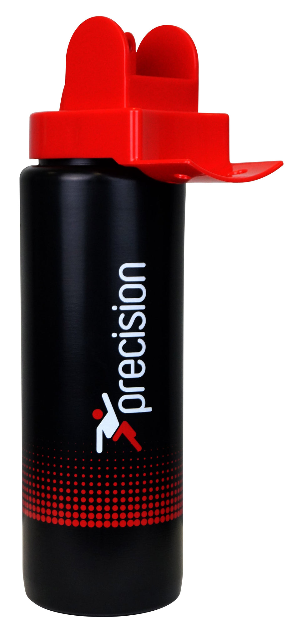 The Precision Hygienic Water Bottle by Precision Training is a 1-litre black squeeze bottle with a red flip-top lid, featuring "precision," a stylized figure, and a red dotted pattern printed vertically in white for hygienic reassurance.